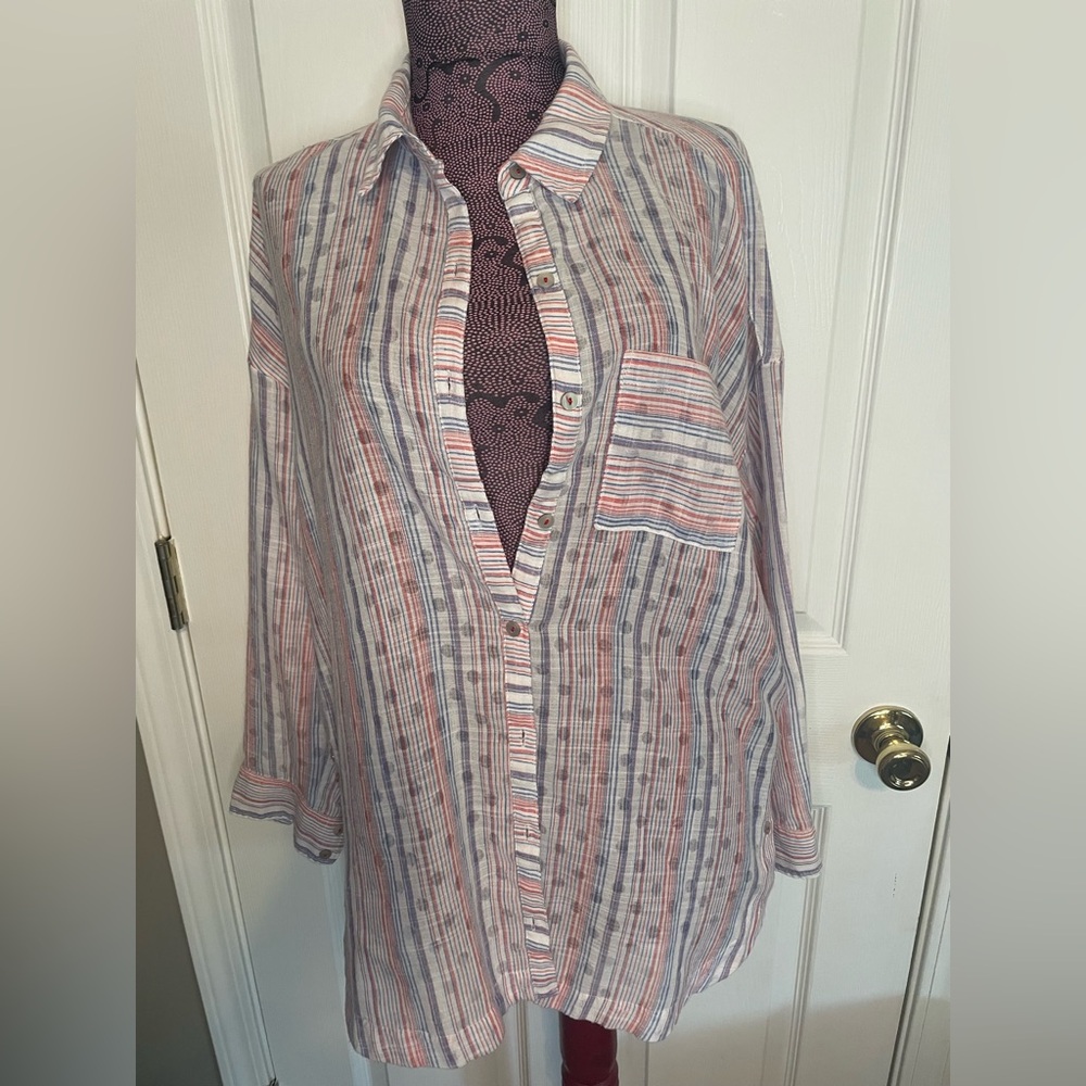 Anthropologie Maeve Striped Res White Blue Cotton Long Sleeve shirt Womens Xs - Picture 4 of 7
